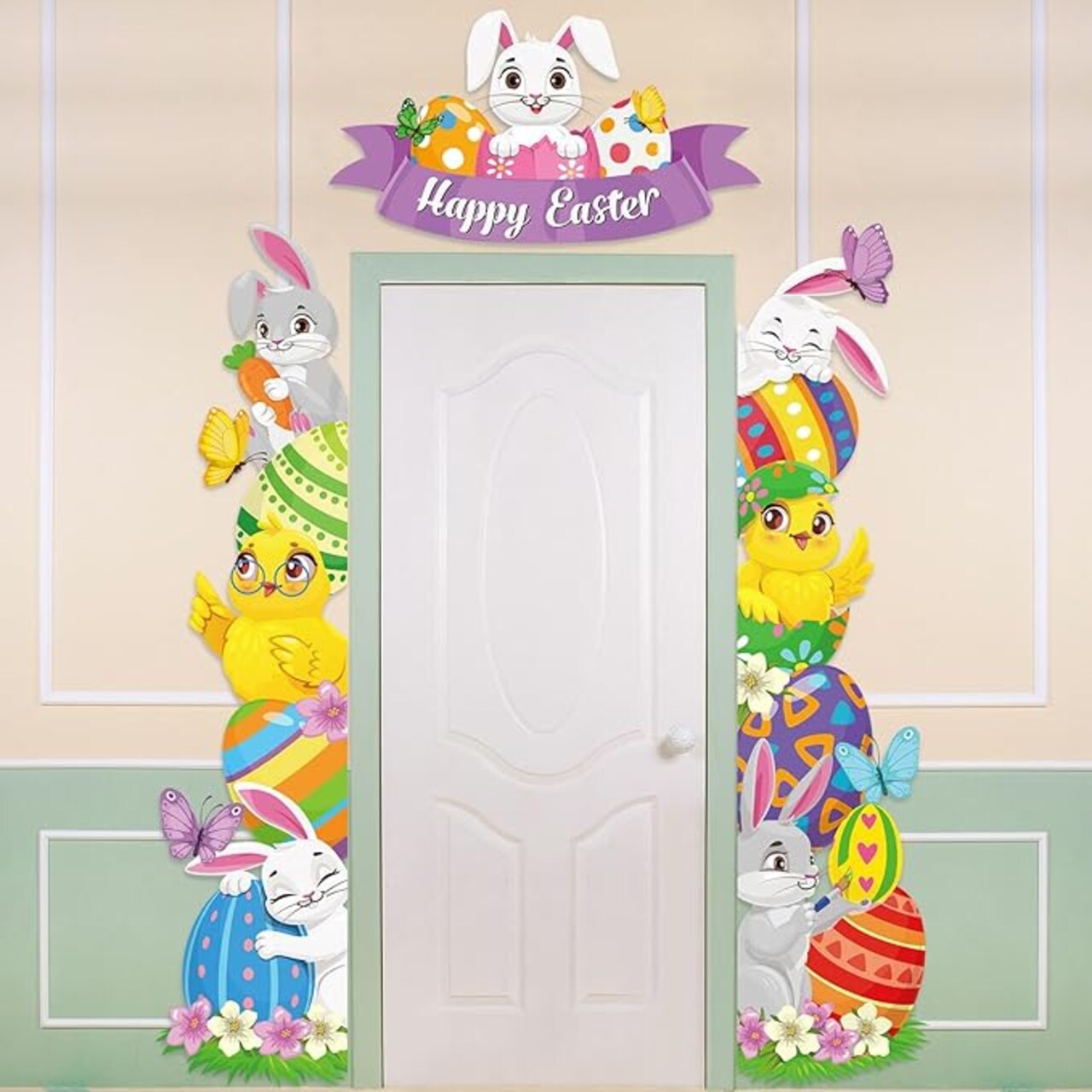 3 Pcs Happy Easter Porch Banners Cute Bunny Chicken Egg Door Decorations Easter Porch Sign for Front Door Window Wall Decor Spring Birthday Party Supplies